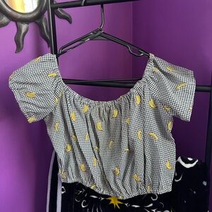 Yellow and black gingham off the shoulder top with banana print